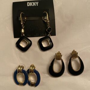 DKNY Black and Blue Earring Set with Gold Accents